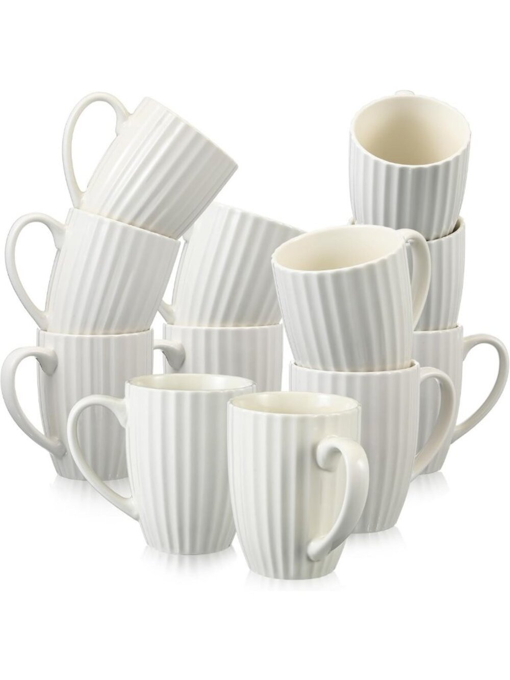 Set of 12 Ribbed Ceramic Coffee Mugs, 14 oz Large Handle Tea Cups, Modern White
